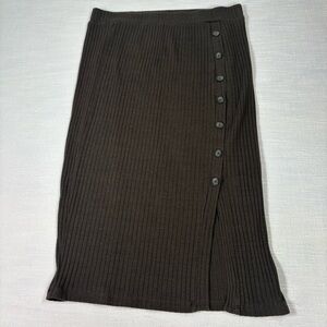 Women’s Brown Ribbed Knit Midi Skirt L 12-14 Button Front Stretch Casual